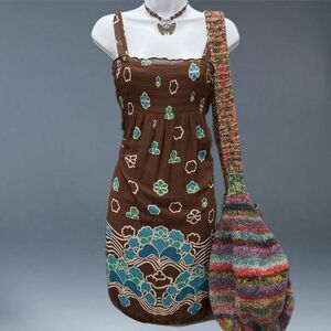 Y2K Charlotte Russe Smocked Floral Sundress Brown Blue Boho XS